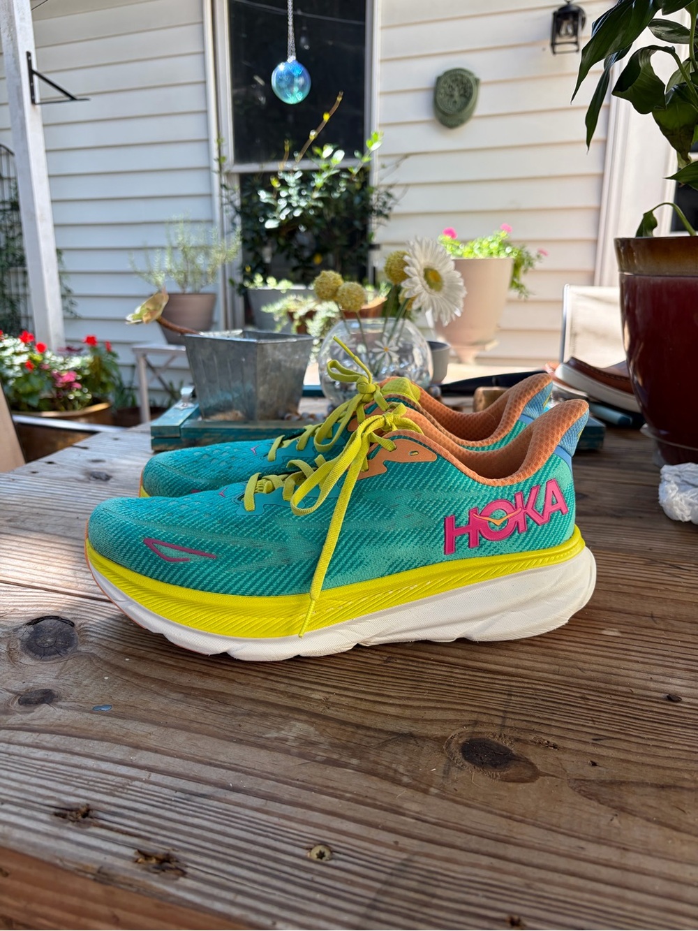 Hoka Clifton Men’s 10.5 D Running Shoes Turquoise Lime Orange Athletic Sneakers